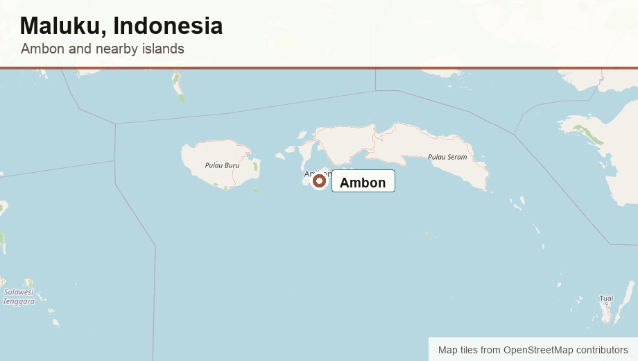 Map showing Ambon in the Maluku Islands of Indonesia.